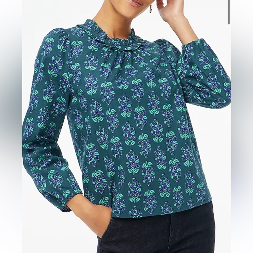 J. Crew Blue Ruffled Long Sleeve Blouse poplin floral